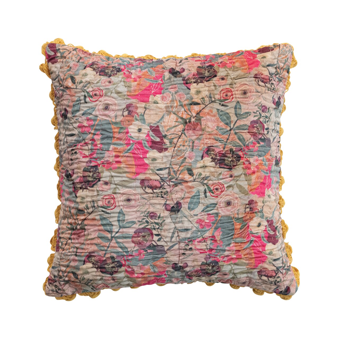 Hello Honey Velvet Printed Square Pillow with Kantha Stitch, Pom Poms & Chambray Back, Multicolor